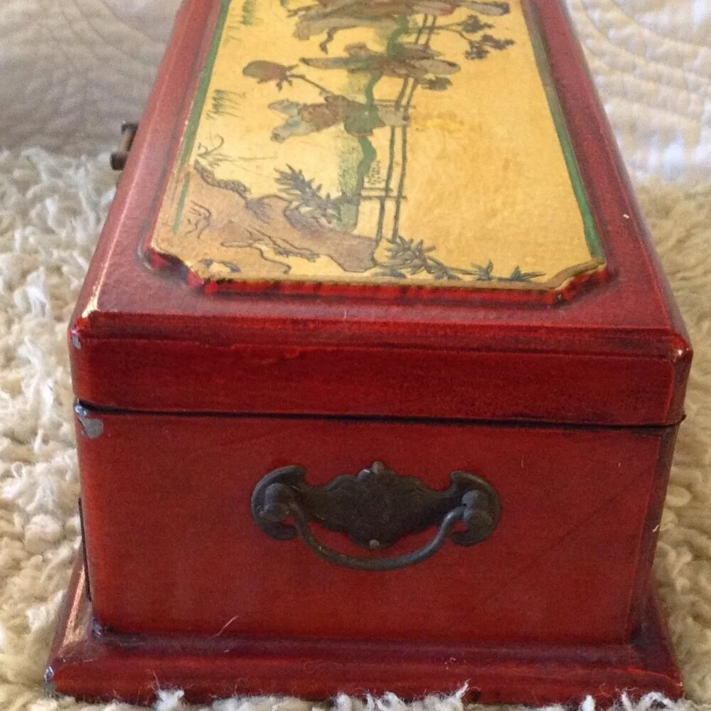 VTG Chinese Lacquer 2 drawer jewelry box; Circa: 1920/40, Brass Handles/patina